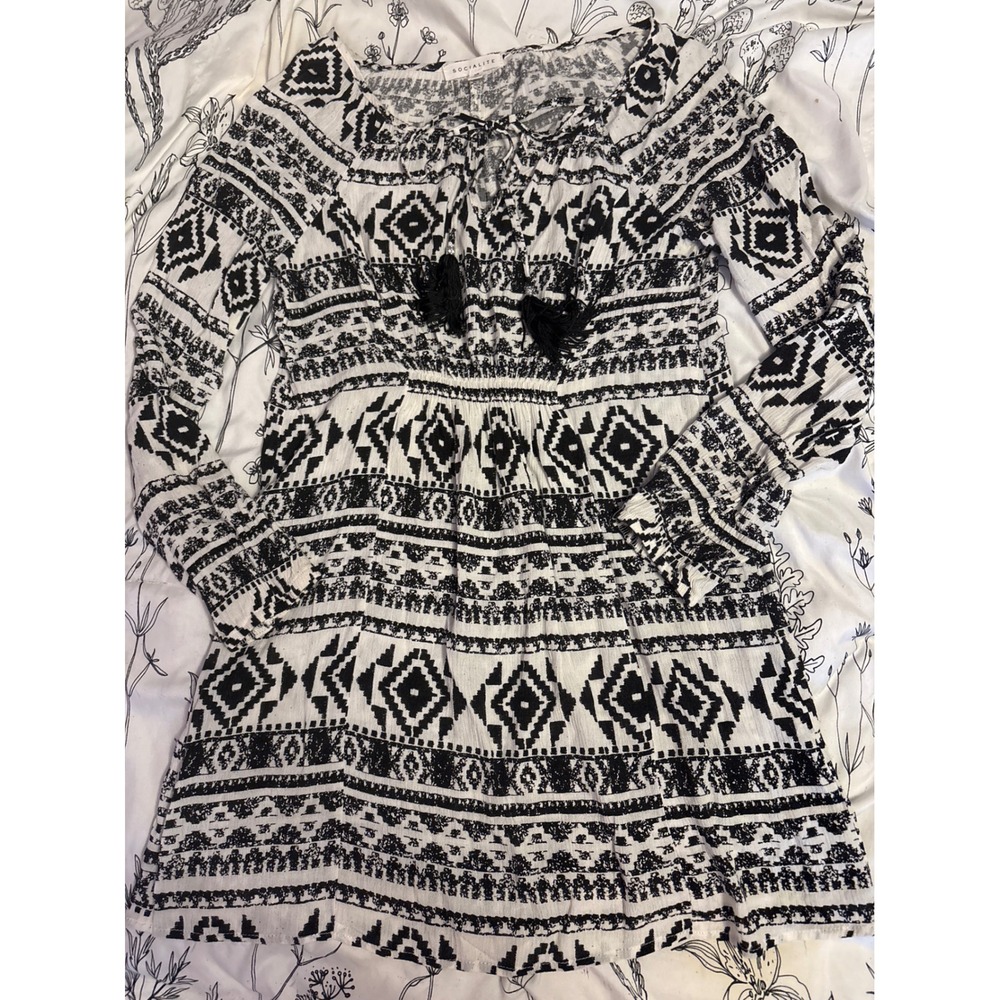 Socialite Black & White Aztec Print Swim Coverup Mini Dress, Size XS